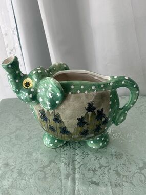 Elephant Pitcher with Green & White Polkadots & Violet Flowers.